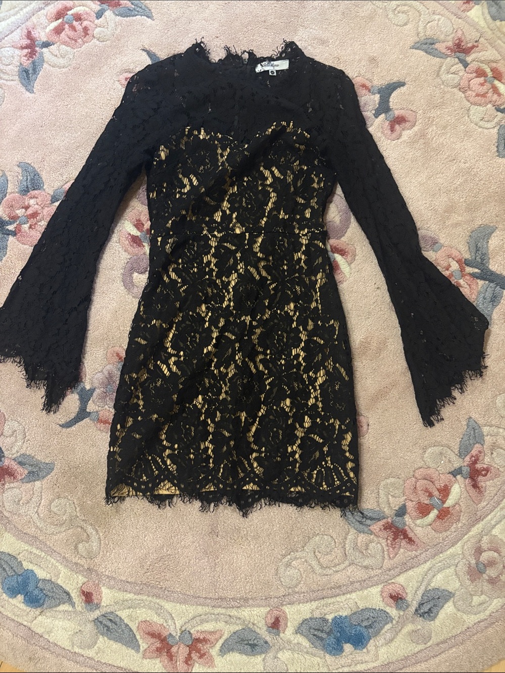 Black Lace Long-Sleeve Dress with nude Lining
